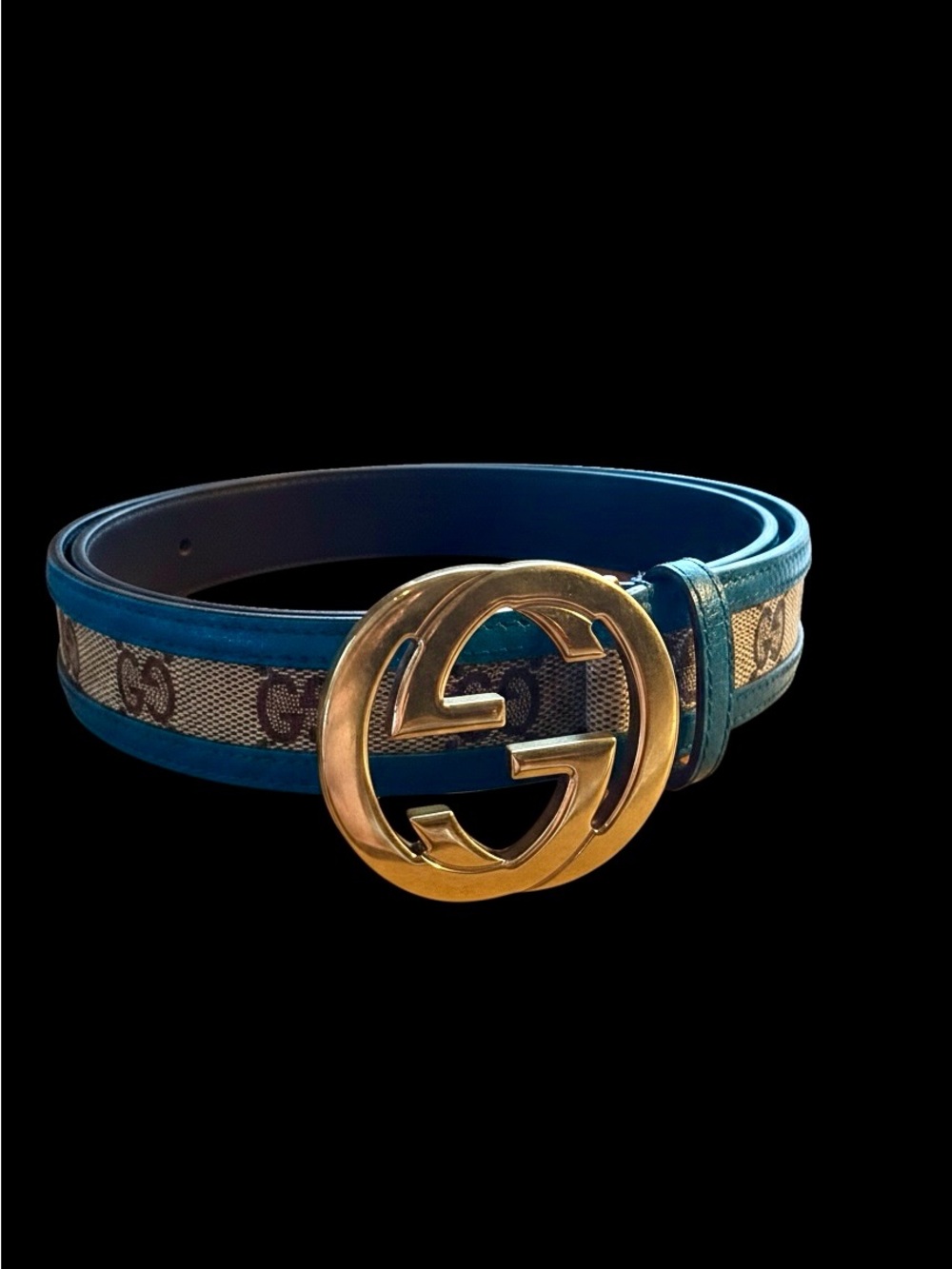 Gucci GG Monogram Canvas Blue Leather Interlocking G Belt 85/34